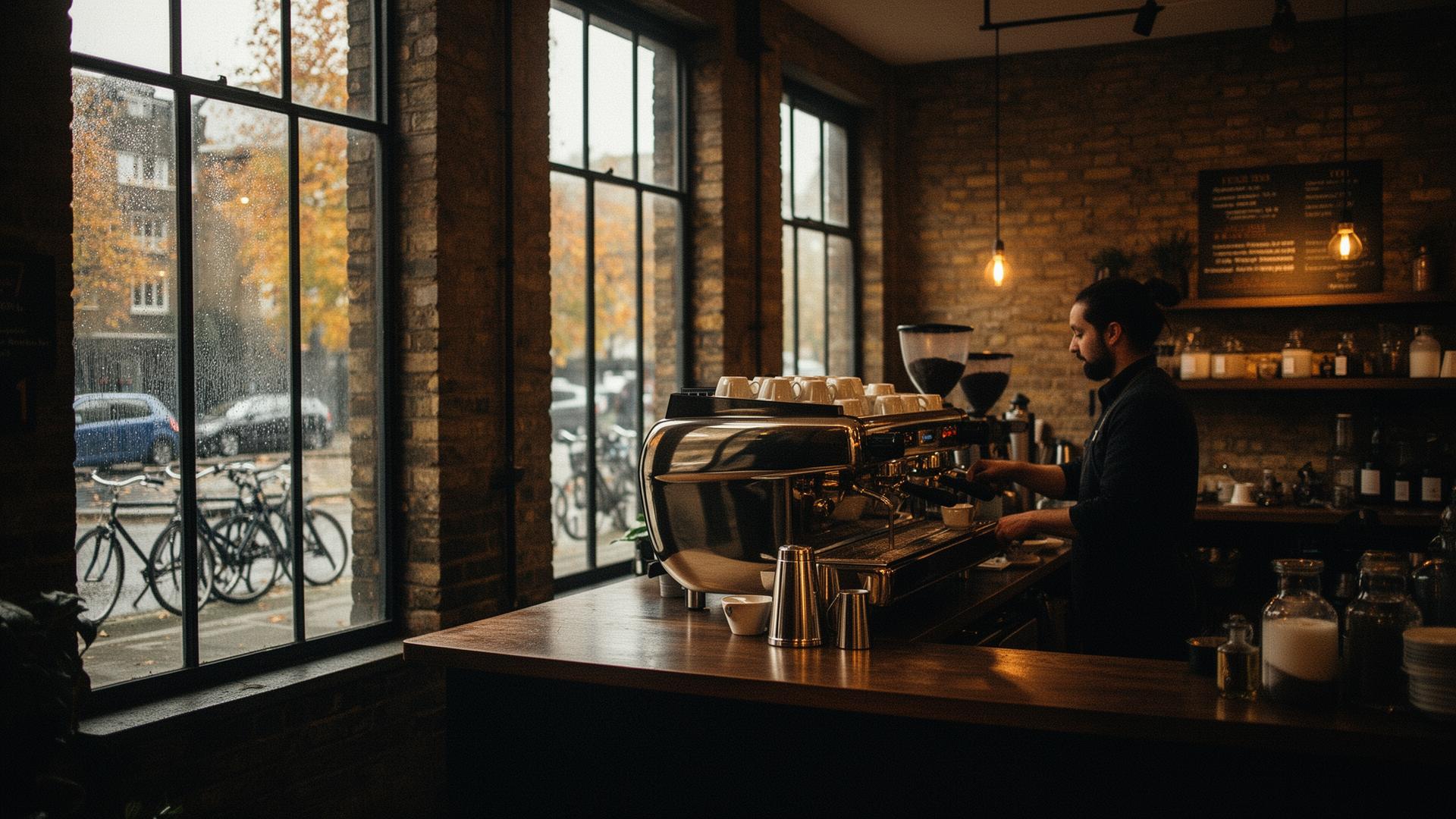 The interior of an independent Wapping coffee shop with a brass espresso machine