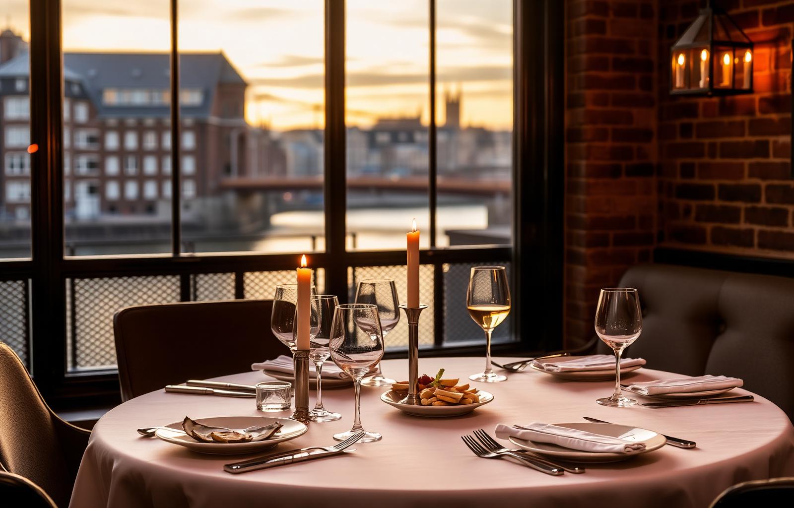 A candlelit restaurant table with a Thames view